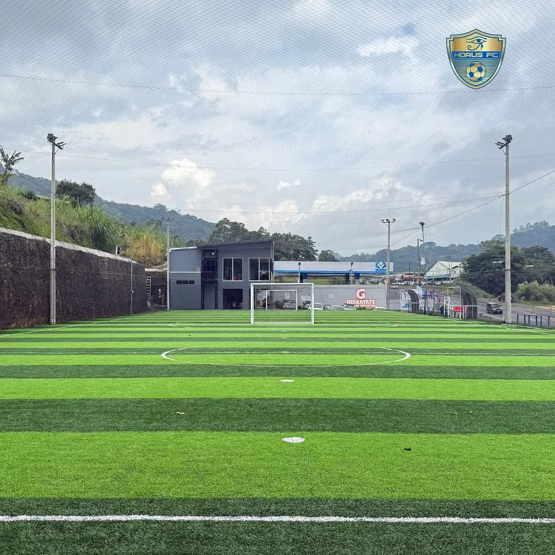 Vista frontal de la cancha con portería reglamentaria y cerramiento perimetral.